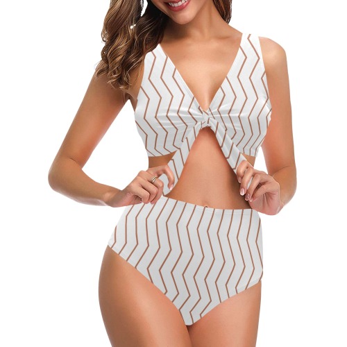 White tan brown chevron vertical lines pattern Chest Bowknot Bikini Swimsuit (Model S33)