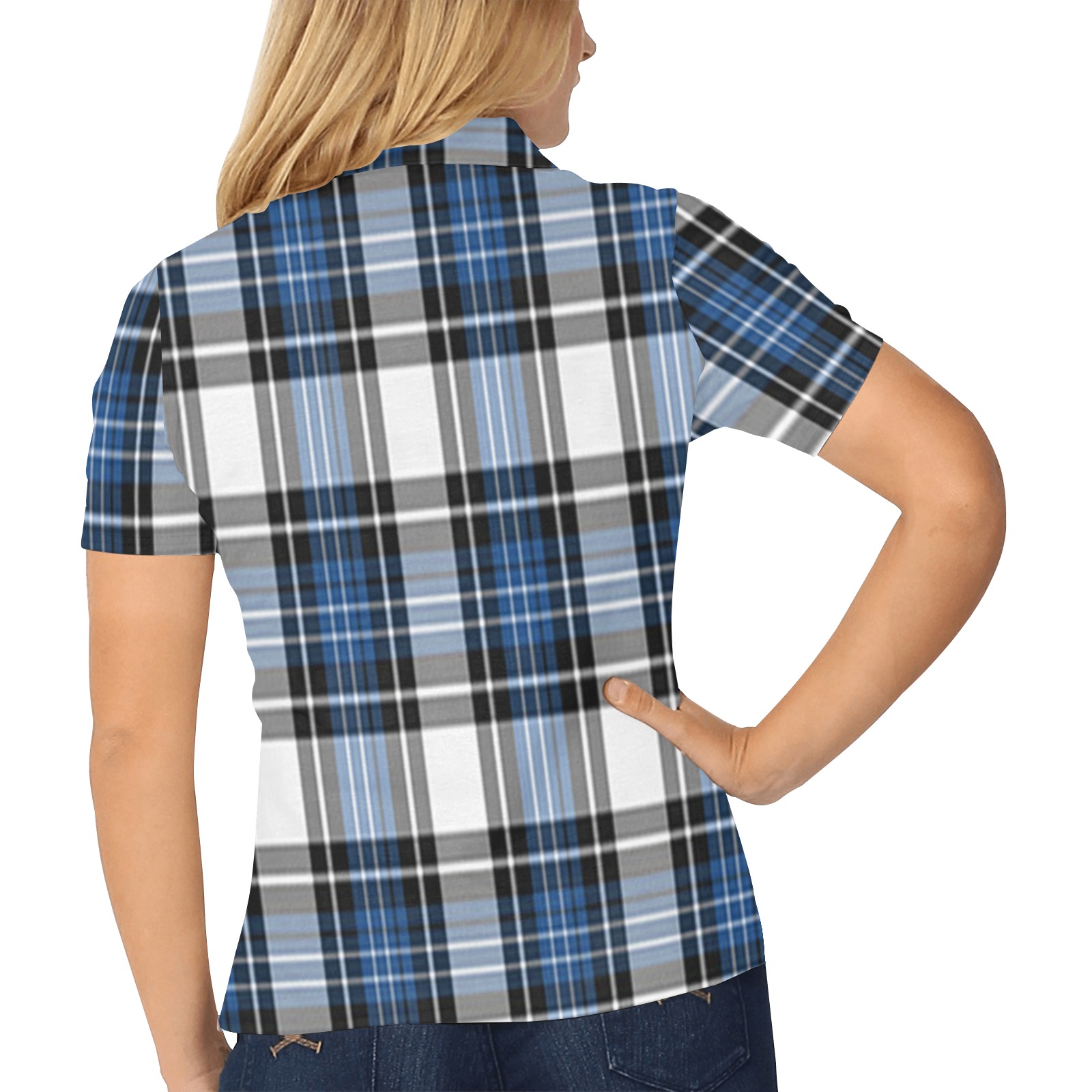 Blue Black Plaid Women's All Over Print Polo Shirt (Model T55)