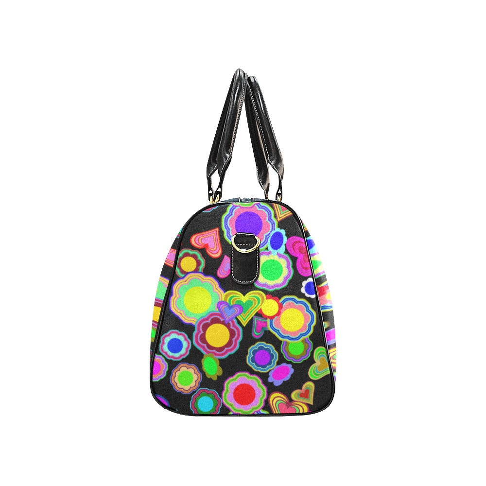 Groovy Hearts and Flowers Black New Waterproof Travel Bag/Small (Model 1639)