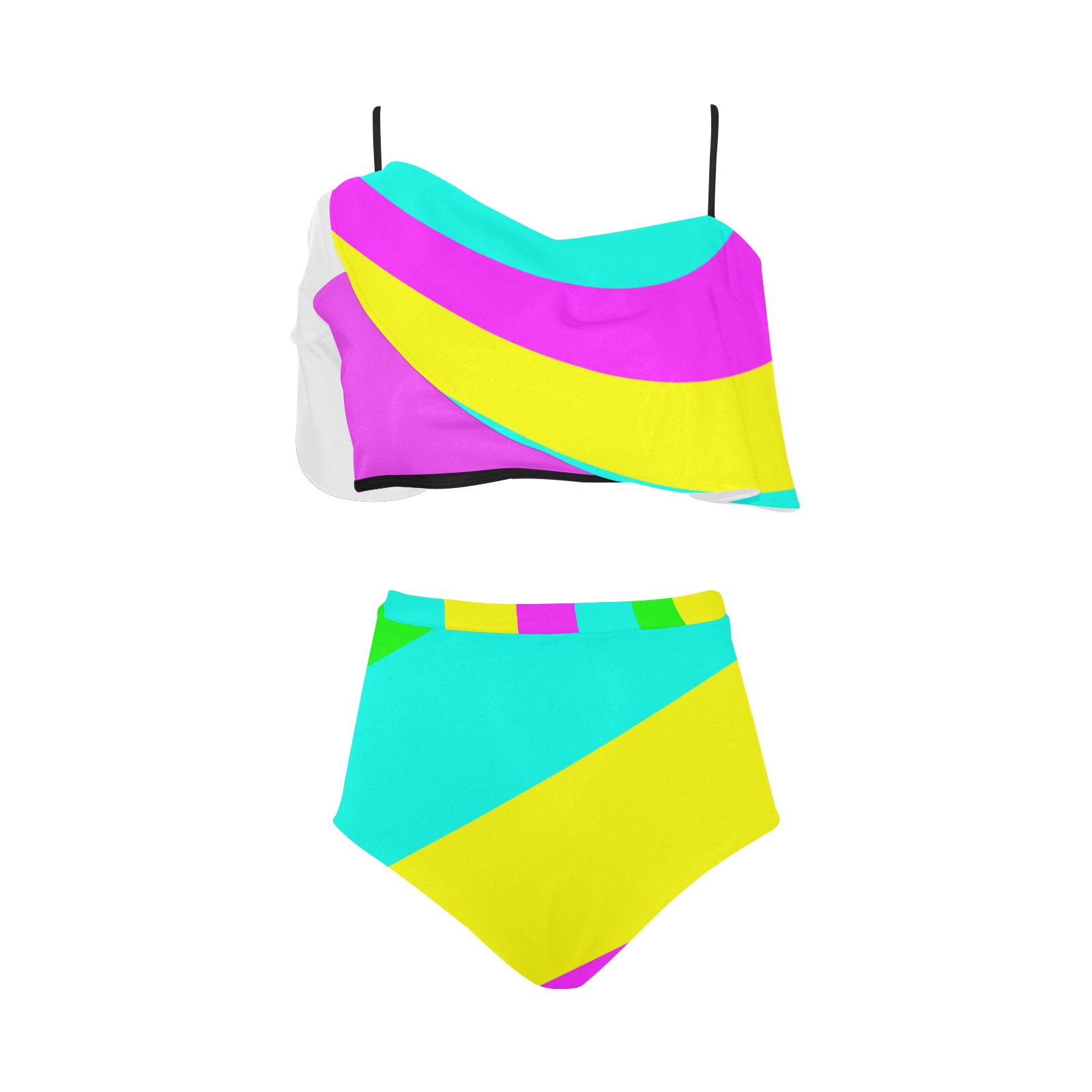 Bright Neon Colors Diagonal High Waisted Ruffle Bikini Set (Model S13)