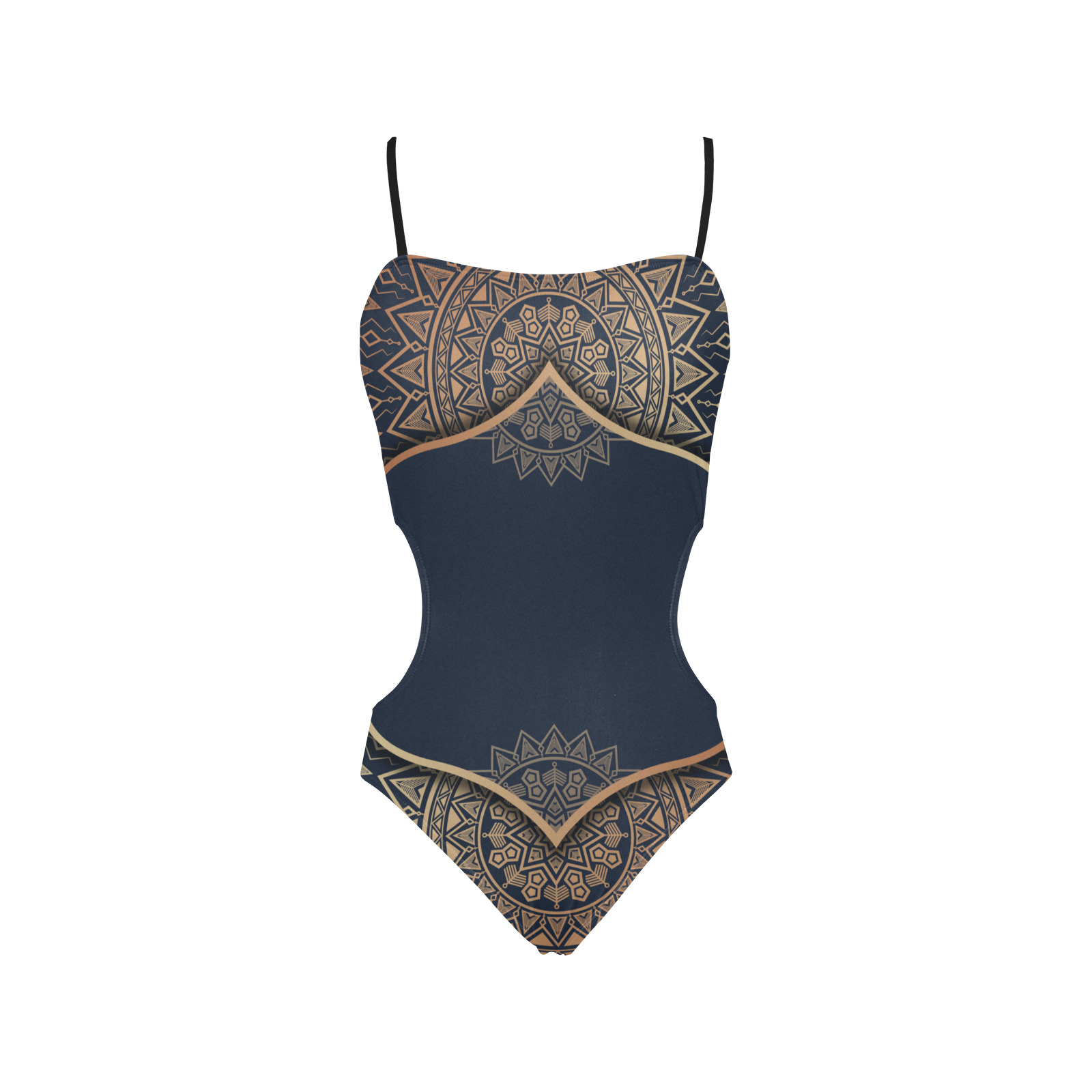 Mandala Armor in navy and gold tones Spaghetti Strap Cut Out Sides Swimsuit (Model S28)