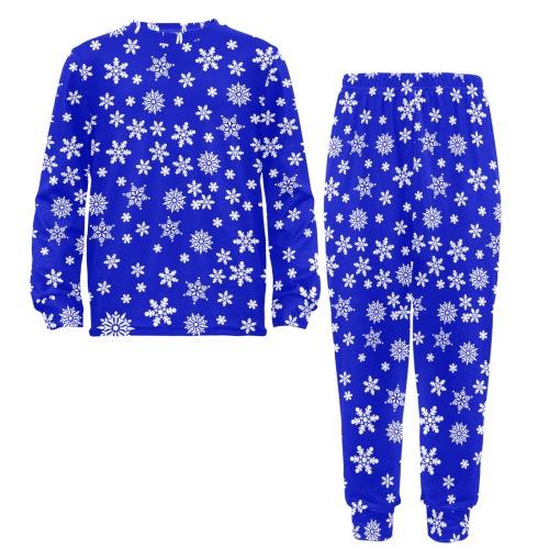 Christmas White Snowflakes on Blue Big Girls' Crew Neck Long Pajama Set