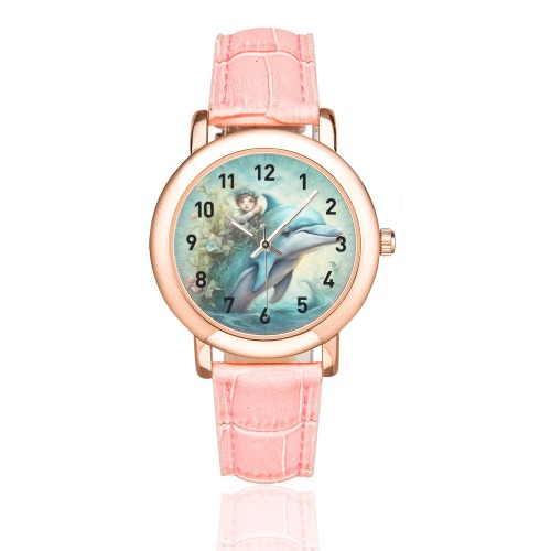 Dolphin Fantasy 5 Women's Rose Gold Leather Strap Watch(Model 201)