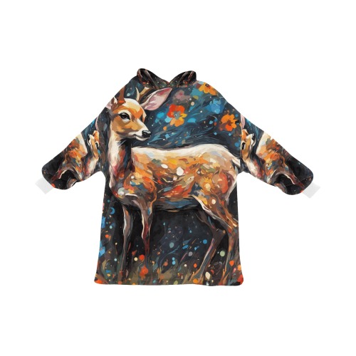 Adorable deer animal and flowers, dark background. Blanket Hoodie for Kids