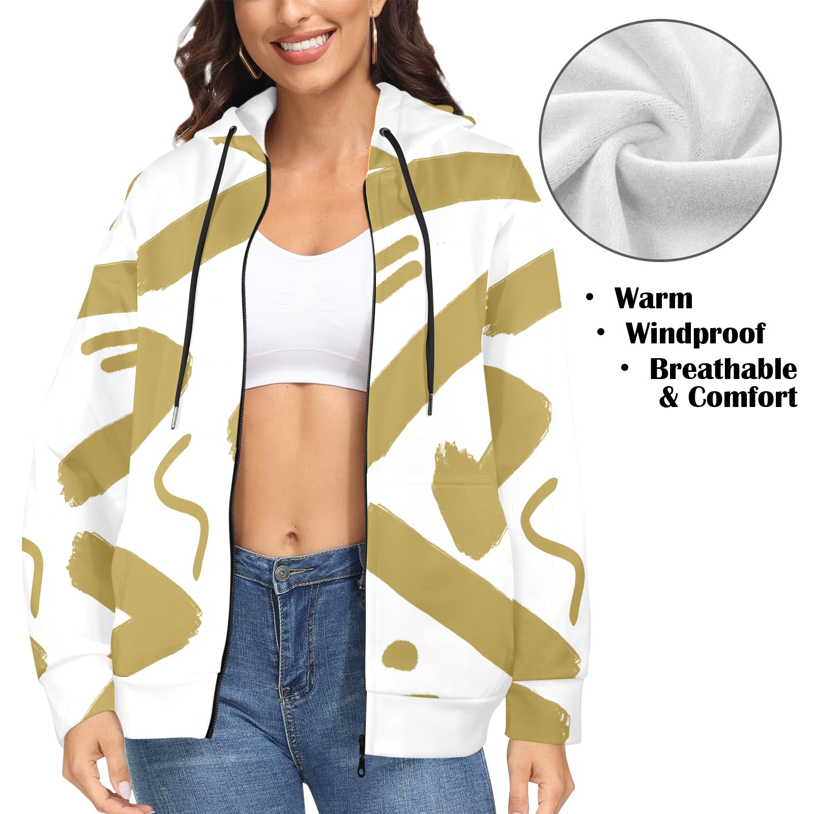 Tribal Gold and White Women's Fleece Full-Zip Hoodie (Model H60)