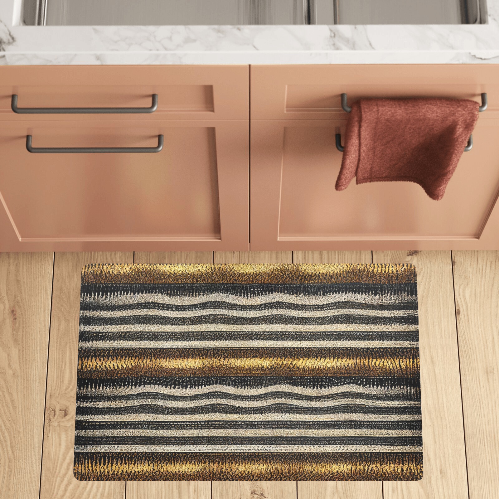 gold, silver and black striped pattern Kitchen Mat 32"x20"