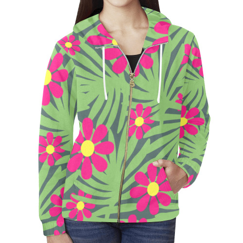 Pink Exotic Paradise Jungle Flowers and Leaves All Over Print Full Zip Hoodie for Women (Model H14)