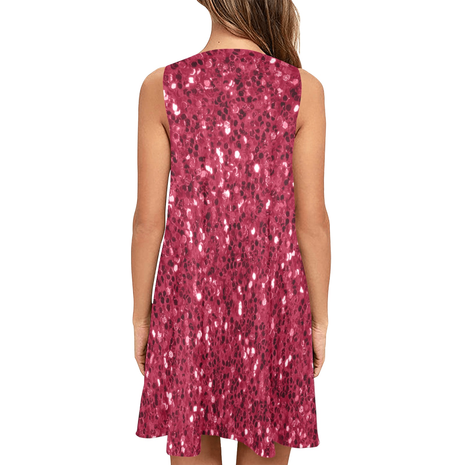 Magenta dark pink red faux sparkles glitter Sleeveless A-Line Pocket Dress (Model D57)