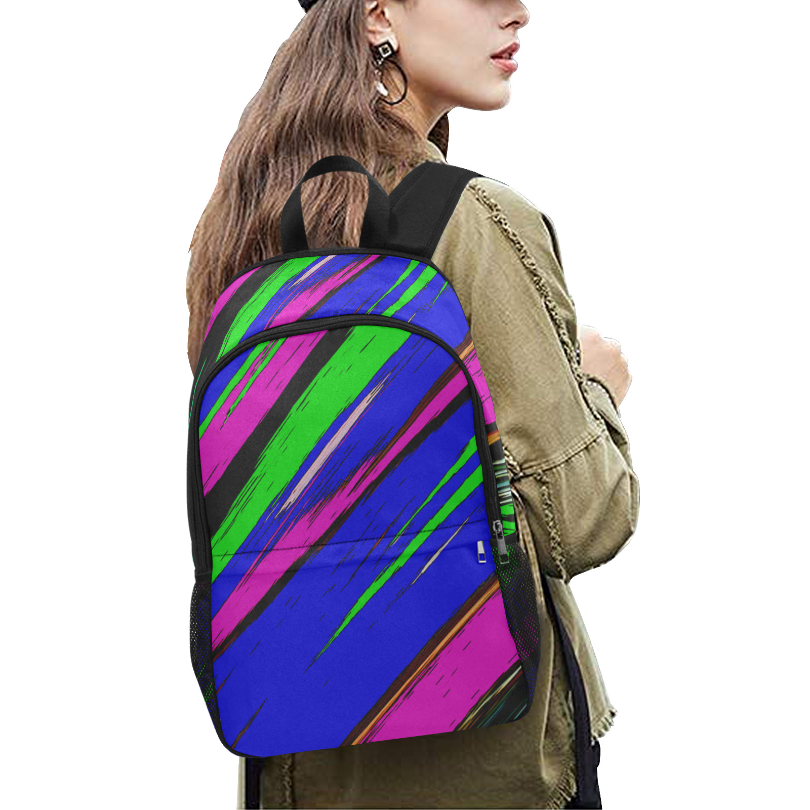 Diagonal Green Blue Purple And Black Abstract Art Fabric Backpack with Side Mesh Pockets (Model 1659)