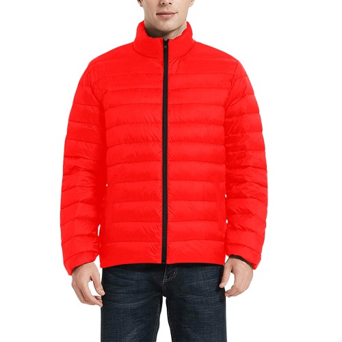 Merry Christmas Red Solid Color Men's Stand Collar Padded Jacket (Model H41)