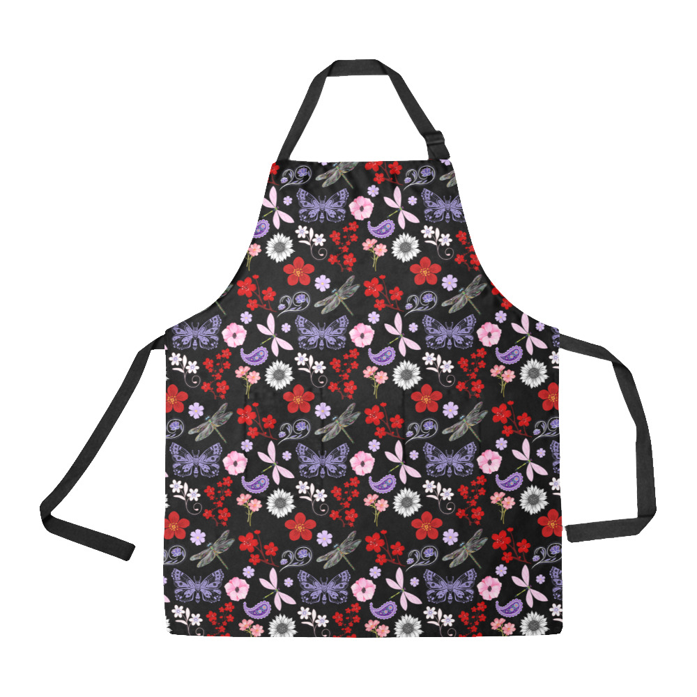 Black, Red, Pink, Purple, Dragonflies, Butterfly and Flowers Design All Over Print Apron
