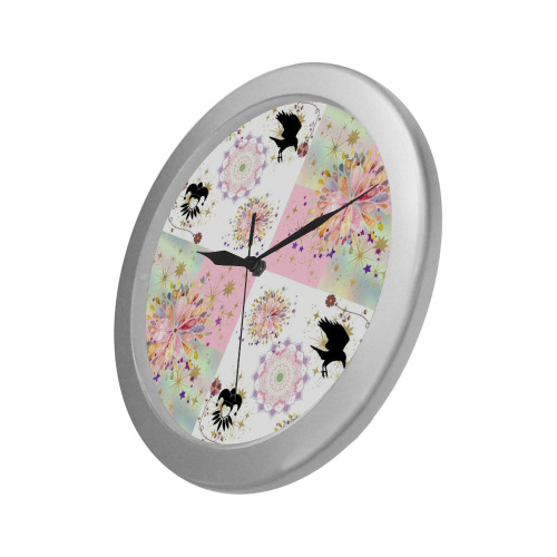 Secret Garden With Harlequin and Crow Patch Artwork Silver Color Wall Clock