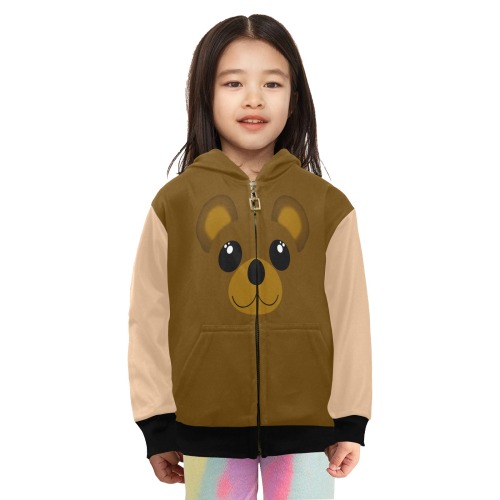 Kawaii Brown Bear / Tan Little Girls' Zip Up Hoodie (Model H58)