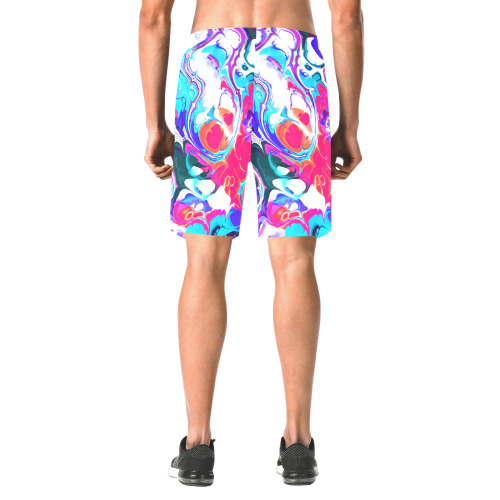 Blue White Pink Liquid Flowing Marbled Ink Abstract Men's All Over Print Elastic Beach Shorts (Model L20)