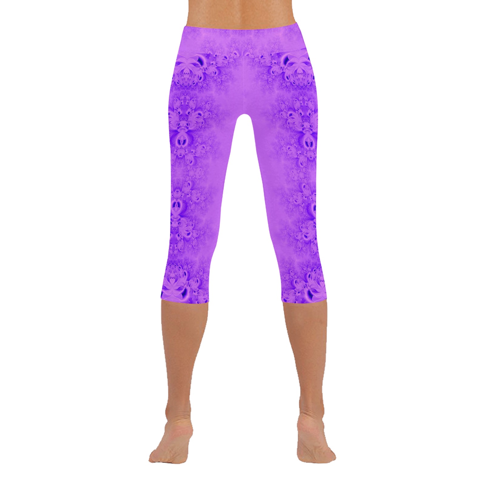 Purple Lilacs Frost Fractal Women's Low Rise Capri Leggings (Invisible Stitch) (Model L08)