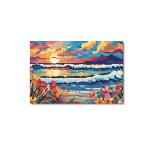 Ocean surf at sunset. Tropical flowers. Cool art. Upgraded Canvas Print 18"x12"