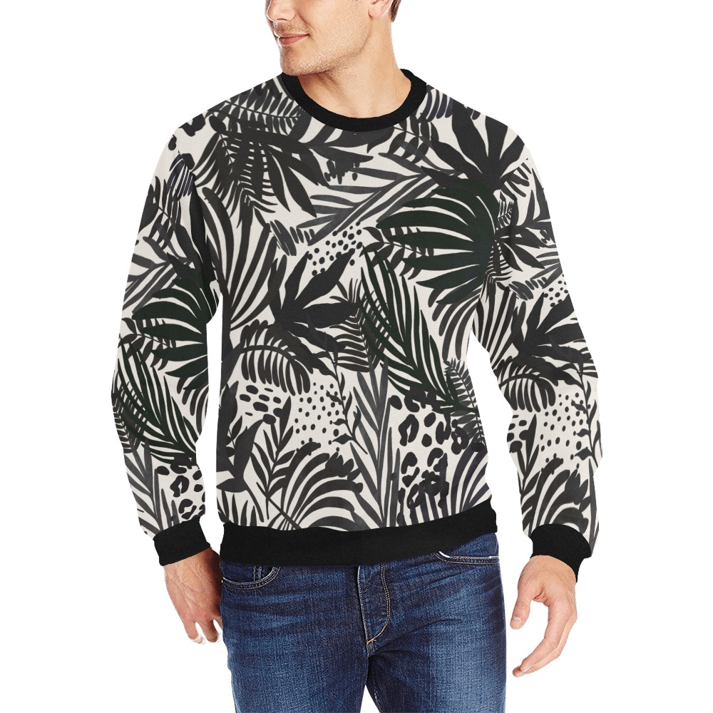 Wild_abstract_jungle_on_black_P Men's Rib Cuff Crew Neck Sweatshirt (Model H34)