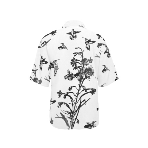 humming birds fire weed black and white All Over Print Hawaiian Shirt for Women (Model T58)