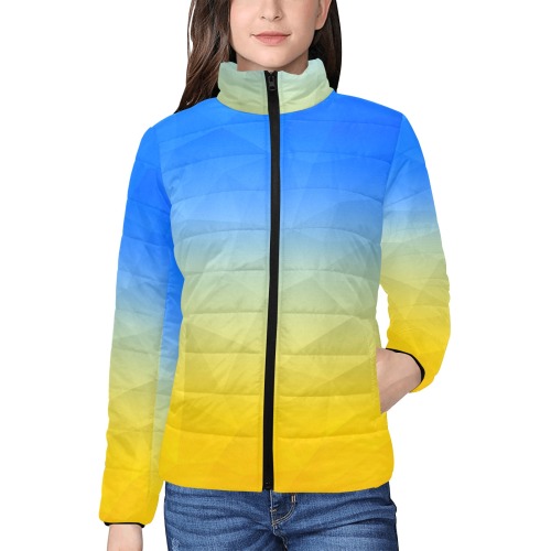 Ukraine yellow blue geometric mesh pattern Women's Stand Collar Padded Jacket (Model H41)
