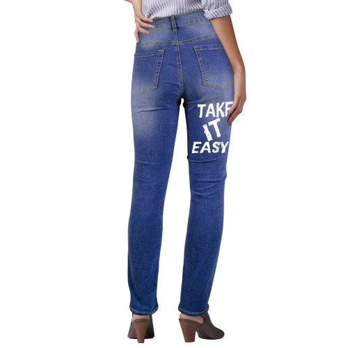 Take it easy charming white text, typography art. Women's Jeans (Back Printing)