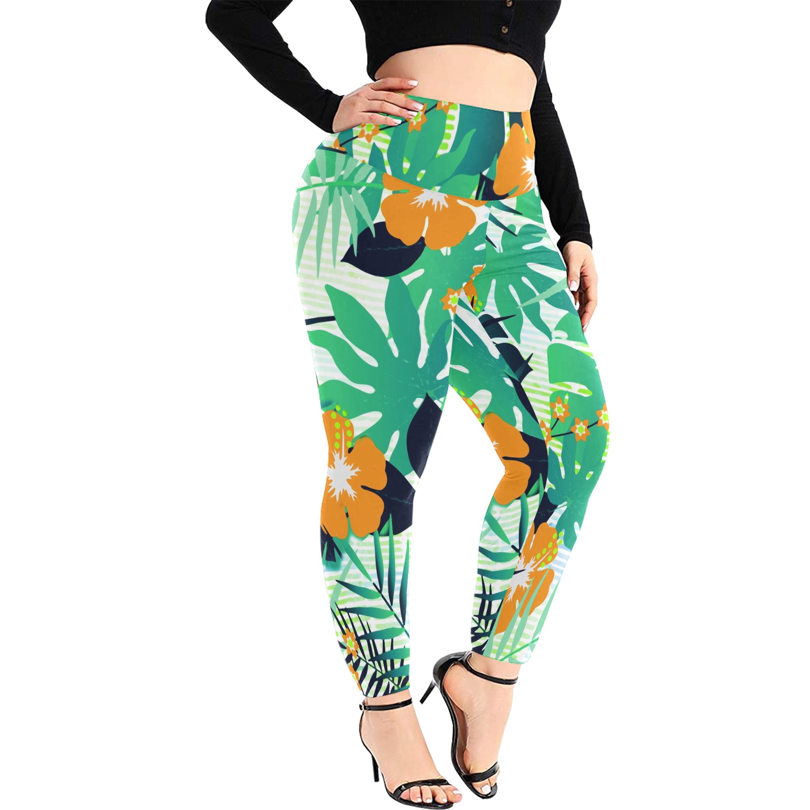 GROOVY FUNK THING FLORAL Women's Extra Plus Size High Waist Leggings (Model L45)