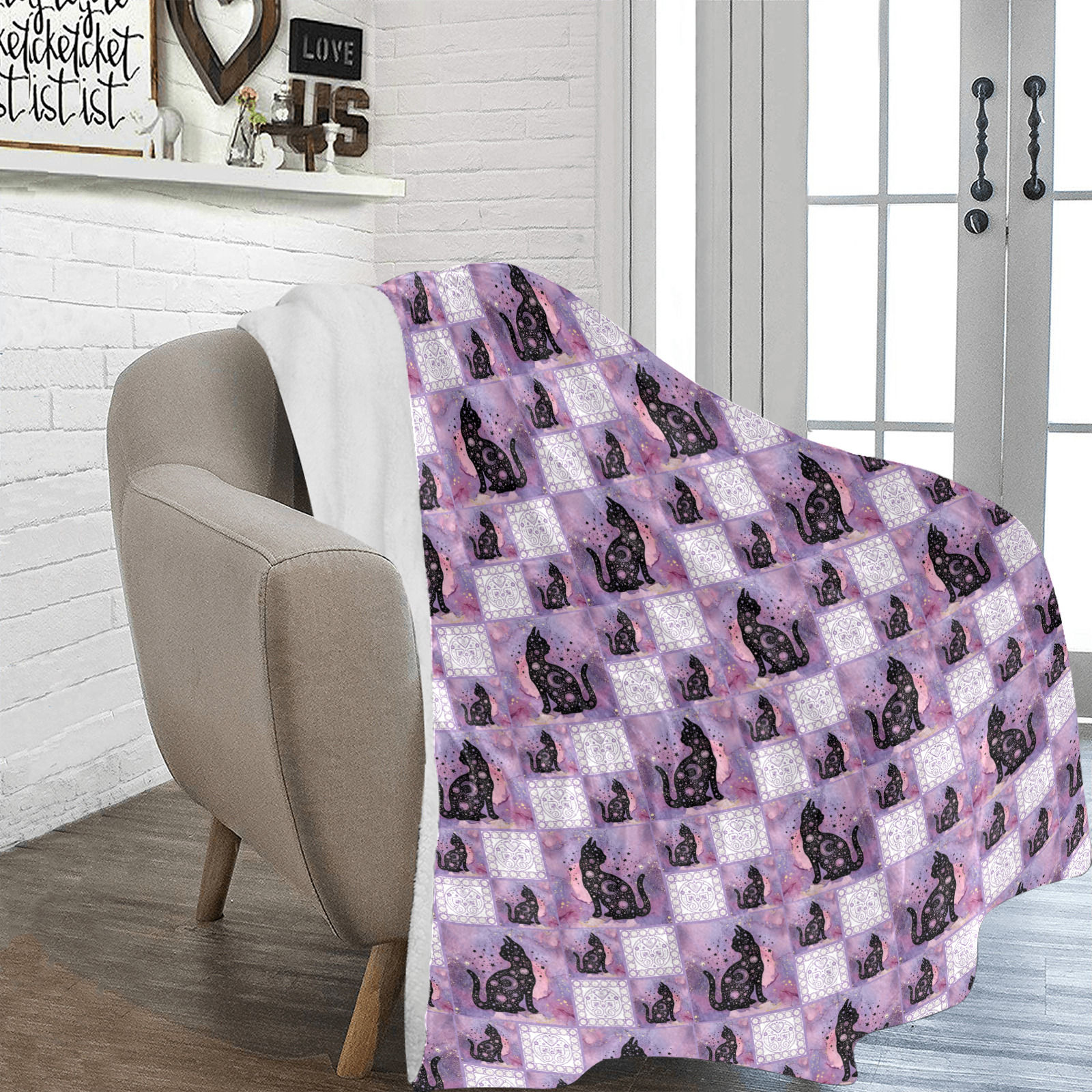 Purple Cosmic Cats Patchwork Pattern Ultra-Soft Micro Fleece Blanket 70''x80''