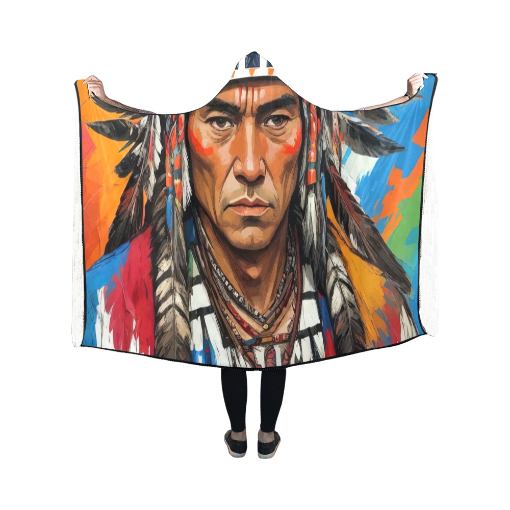 Native American chief in feathered headdress art. Hooded Blanket 50''x40''