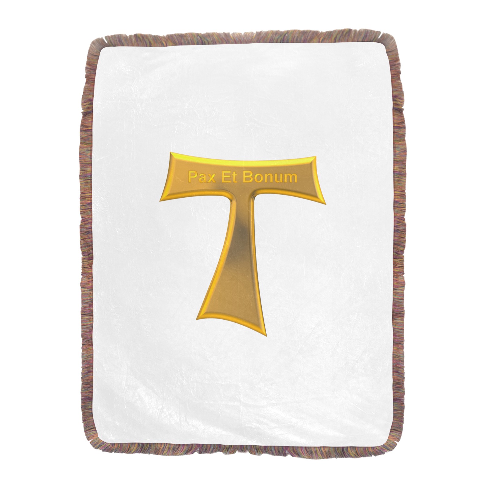 Franciscan Tau Cross Pax Et Bonum Gold  Metallic Ultra-Soft Fringe Blanket 60"x80" (Mixed Green)