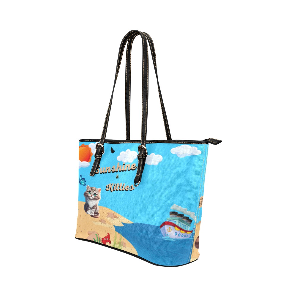 Sunshine and kittens/ Large Leather Tote Bag/Large (Model 1651)