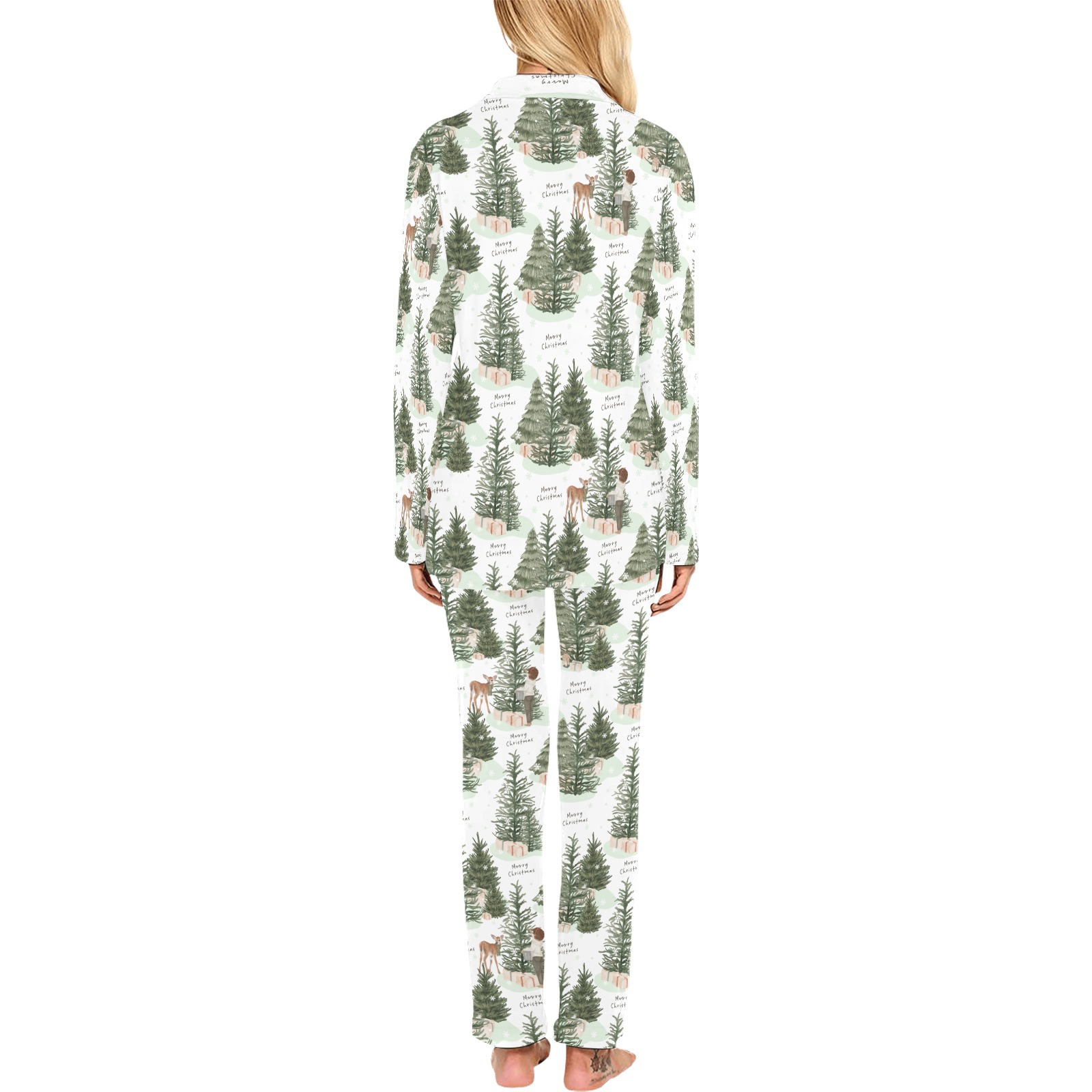 Woodland Print White Women's Long Pajama Set
