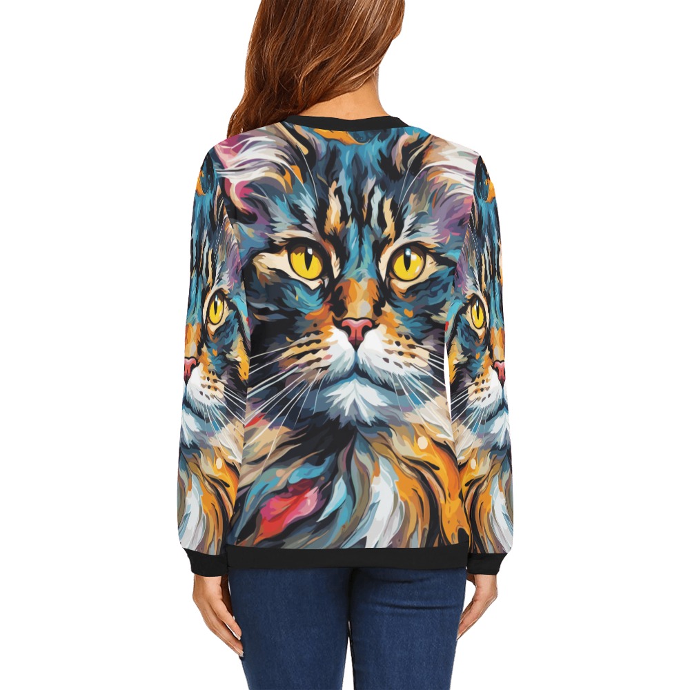 Cute Norwegian forest cat face on dark. All Over Print Crewneck Sweatshirt for Women (Model H18)