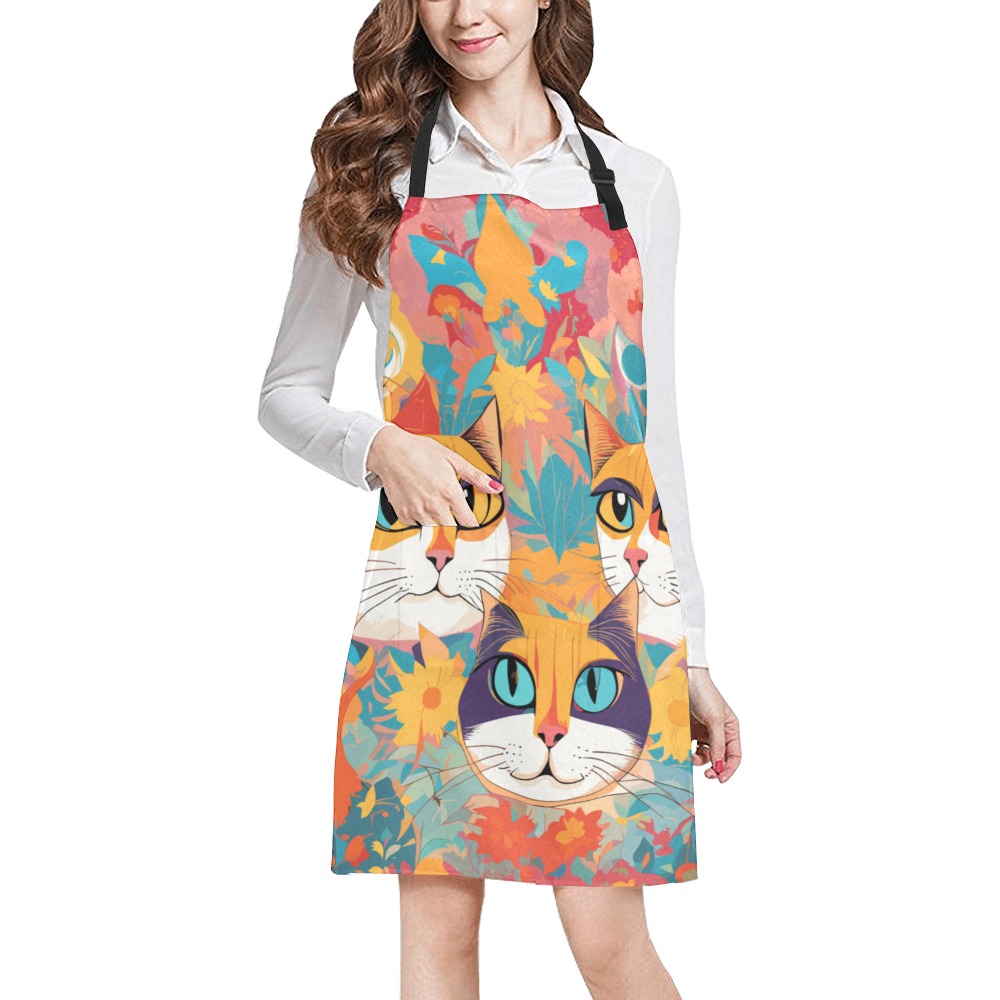 Funny magic cats. Yellow, red, turquoise colors. All Over Print Apron