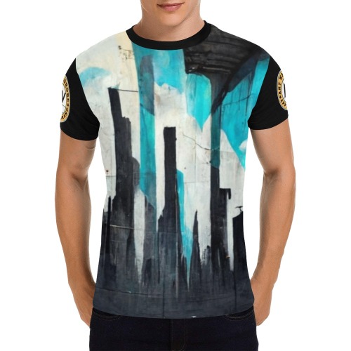 graffiti buildings black white and turquoise 1 All Over Print T-Shirt for Men (USA Size) (Model T40)
