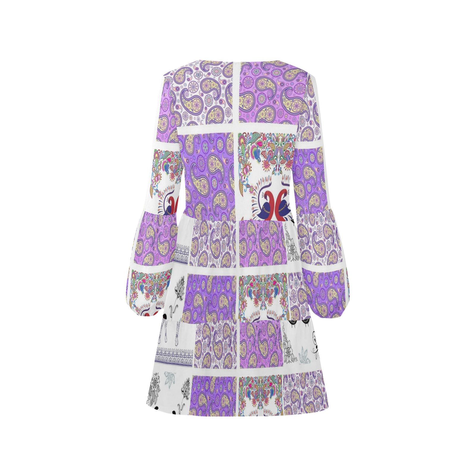 Purple Paisley Birds and Animals Patchwork Design V-Neck Loose Fit Dress (Model D62)