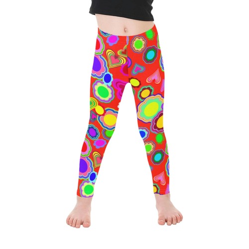 Groovy Hearts and Flowers Red Kid's Ankle Length Leggings (Model L06)