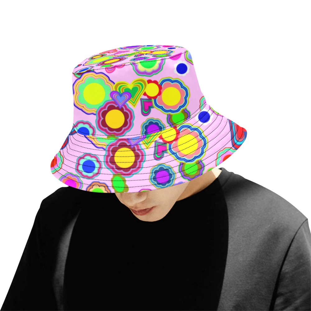 Groovy Hearts and Flowers Pink All Over Print Bucket Hat for Men