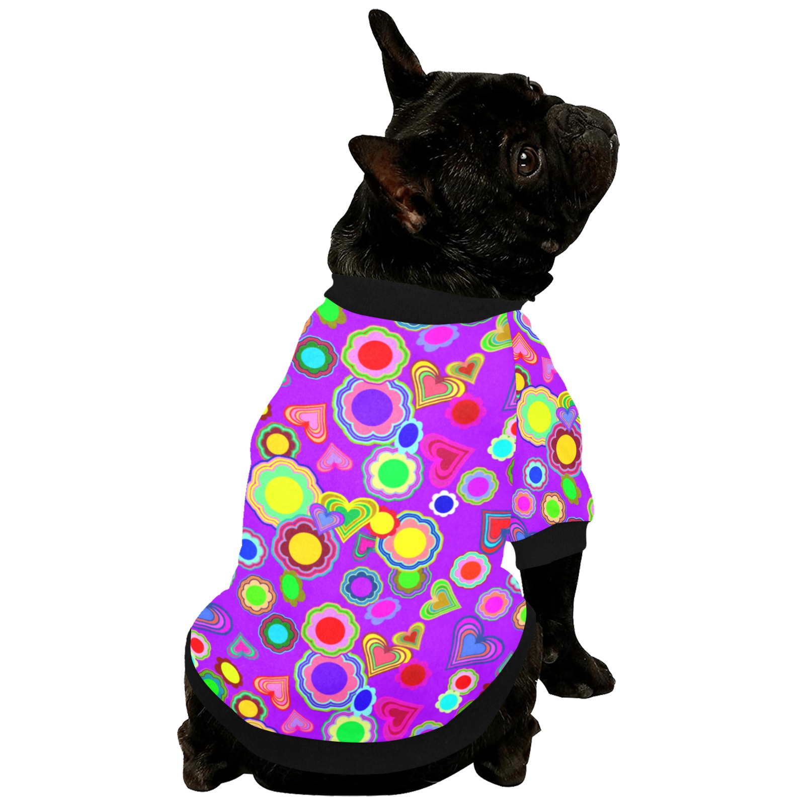 Groovy Hearts and Flowers Purple Pet Dog Round Neck Shirt