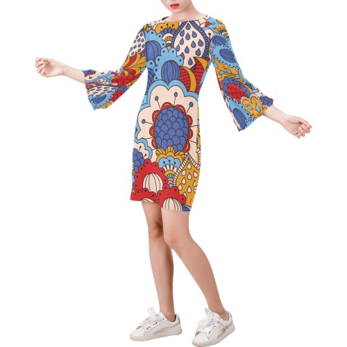 Beautiful Trendy Abstract Floral Bell Sleeve Dress (Model D52)