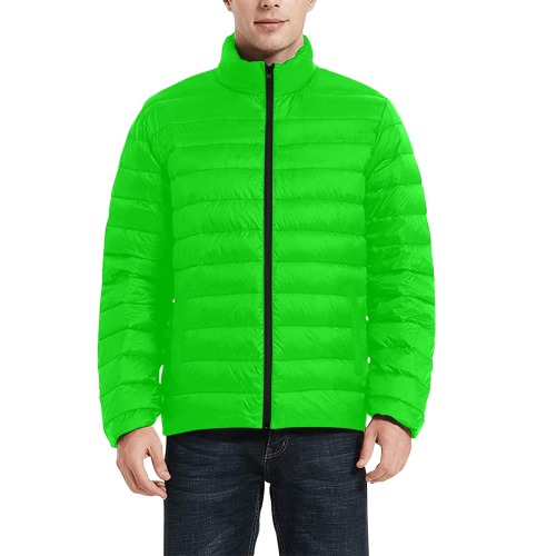 Merry Christmas Green Solid Color Men's Stand Collar Padded Jacket (Model H41)