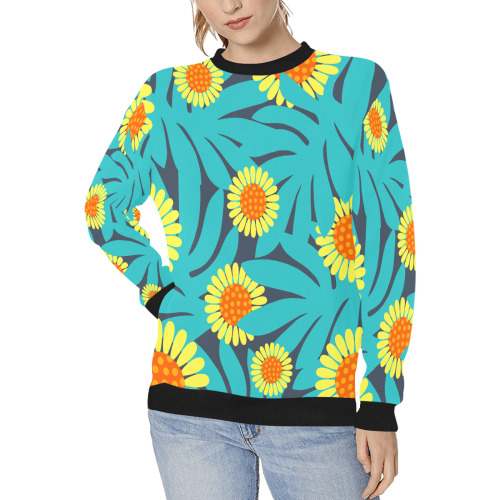 Yellow and Teal Paradise Jungle Flowers and Leaves Women's Rib Cuff Crew Neck Sweatshirt (Model H34)