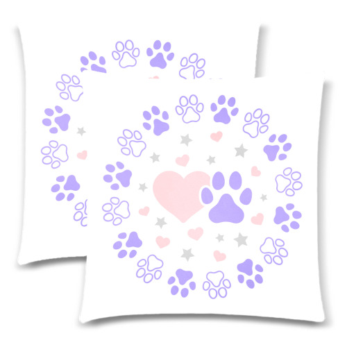Pink and Purple Dog Cat Pet Lovers Hearts and Stars Paw Print Design Custom Zippered Pillow Cases 18"x 18" (Twin Sides) (Set of 2)