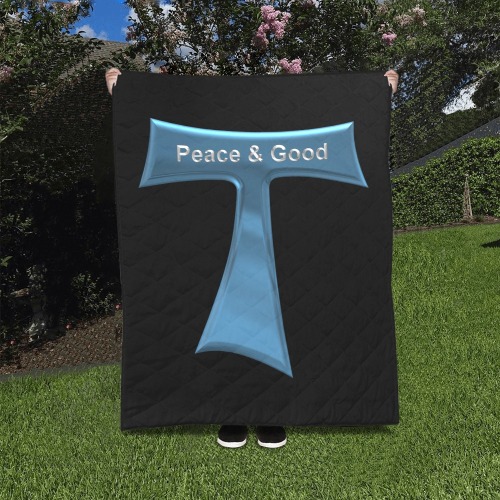 Franciscan Tau Cross Peace and Good  Blue Metallic Quilt 40"x50"