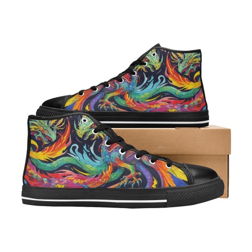 Awesome colorful abstract dragons, fire on black. Men’s Classic High Top Canvas Shoes (Model 017)