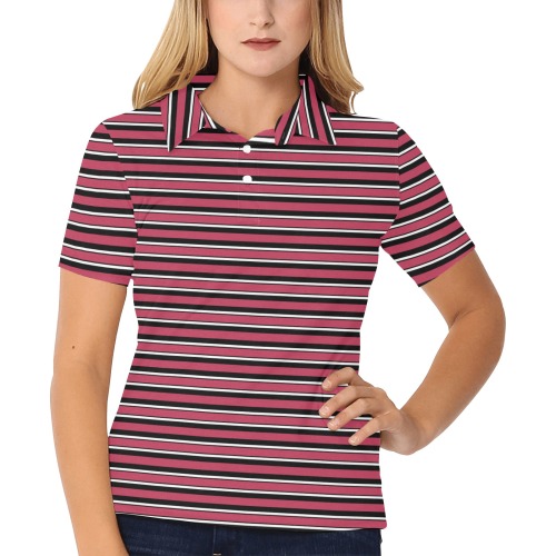 Magenta, Black and White Stripes Women's All Over Print Polo Shirt (Model T55)
