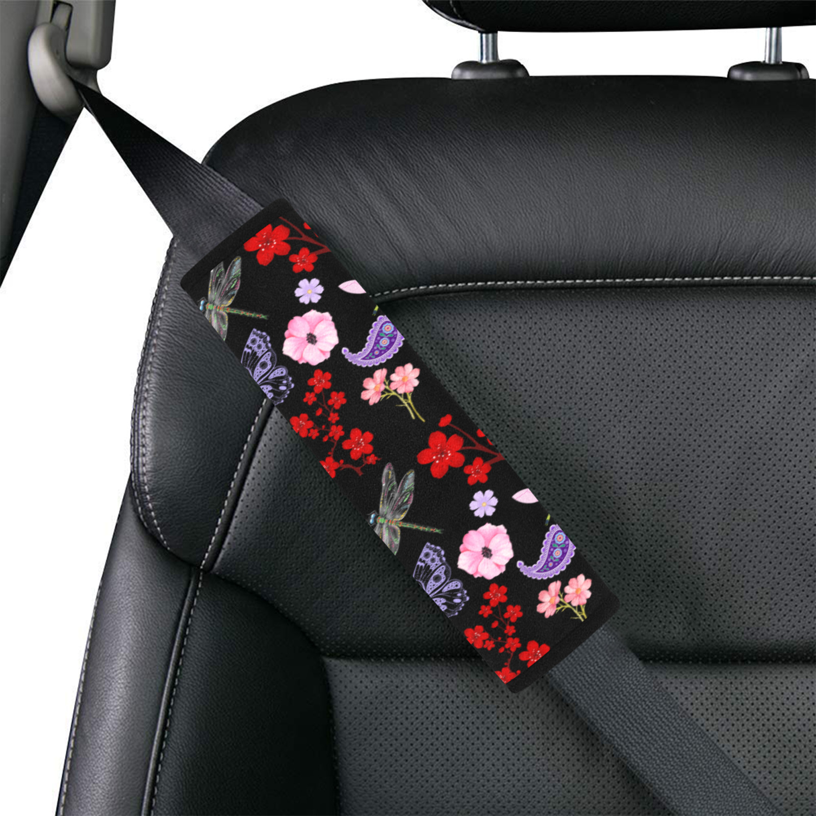 Black, Red, Pink, Purple, Dragonflies, Butterfly and Flowers Design Car Seat Belt Cover 7''x10'' (Pack of 2)