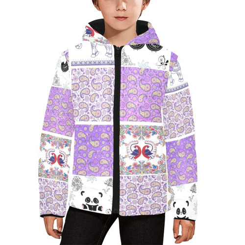 Purple Paisley Birds and Animals Patchwork Design Kids' Padded Hooded Jacket (Model H45)