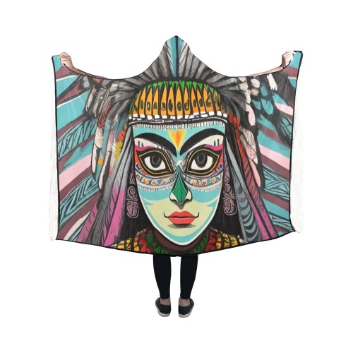 Stunning art of Native American in feather decor. Hooded Blanket 50''x40''