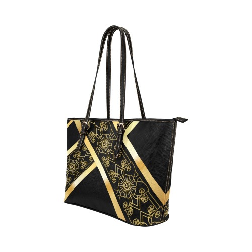Women's Black And Gold Leather Tote With Flowers Leather Tote Bag/Large (Model 1651)