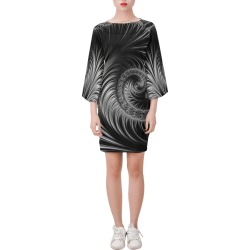 Black and Silver Spiral Fractal Abstract Bell Sleeve Dress (Model D52)