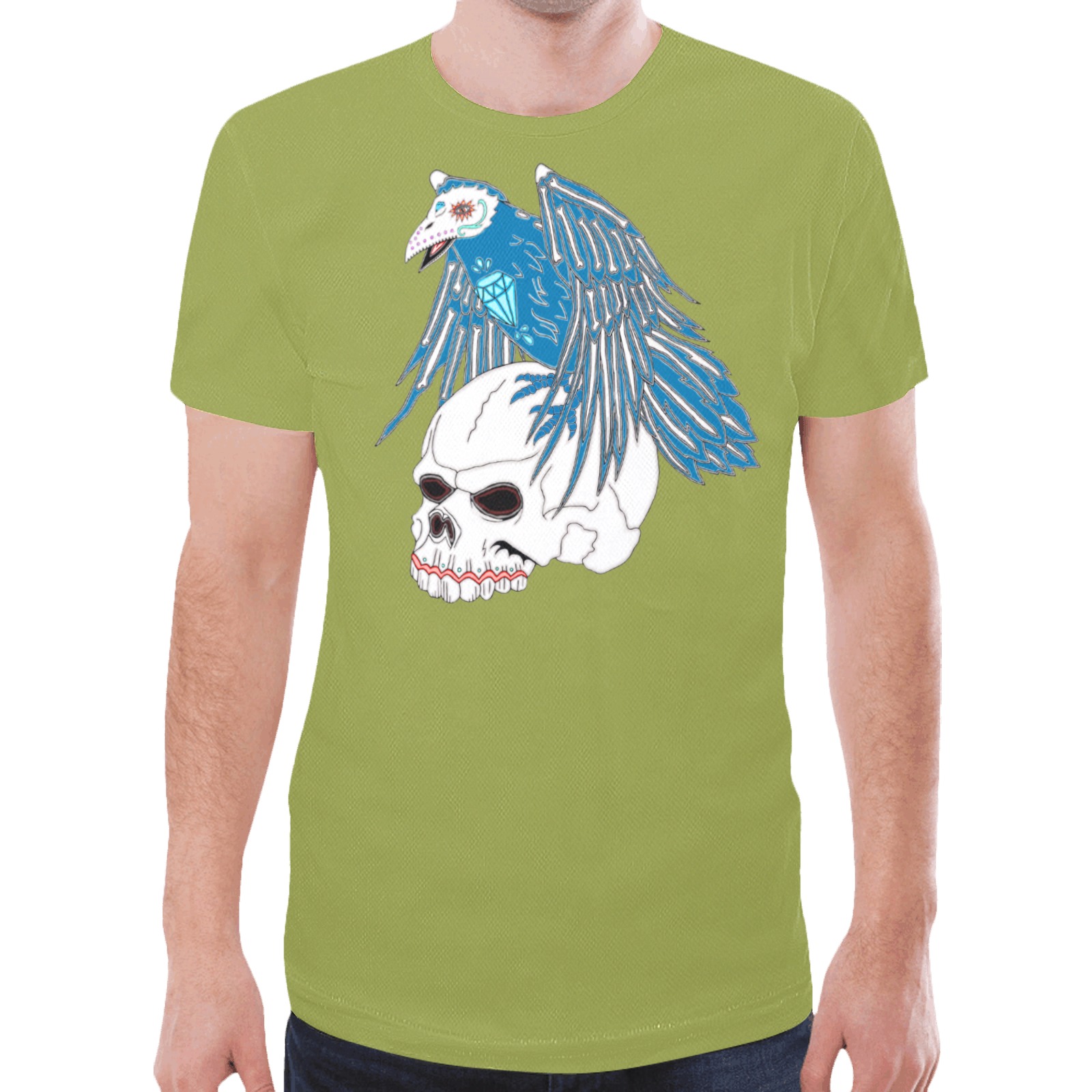 Raven Sugar Skull Olive Green New All Over Print T-shirt for Men (Model T45)
